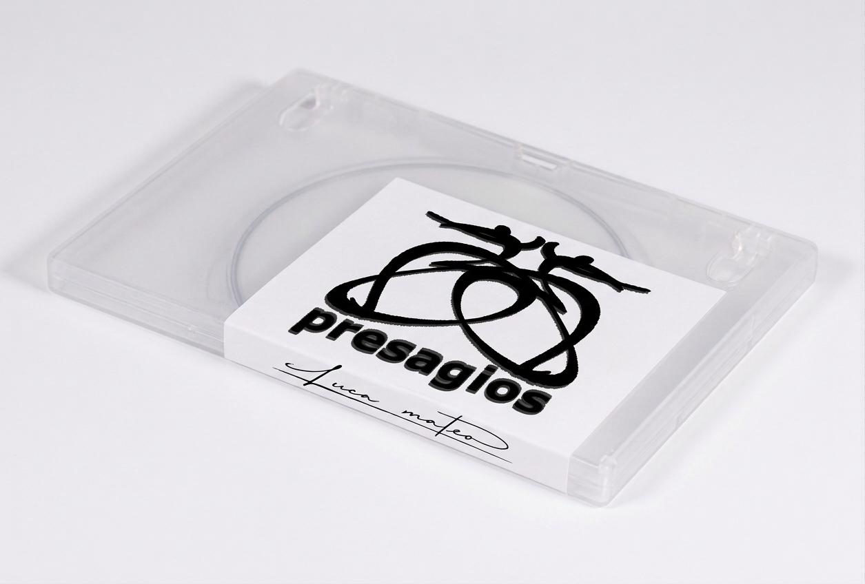 Caja de disco transparente con gráfica de Presagios y firma de Luca Mateo